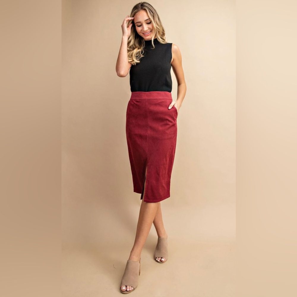NEW! Front Slit Corduroy Midi Skirt in Wine